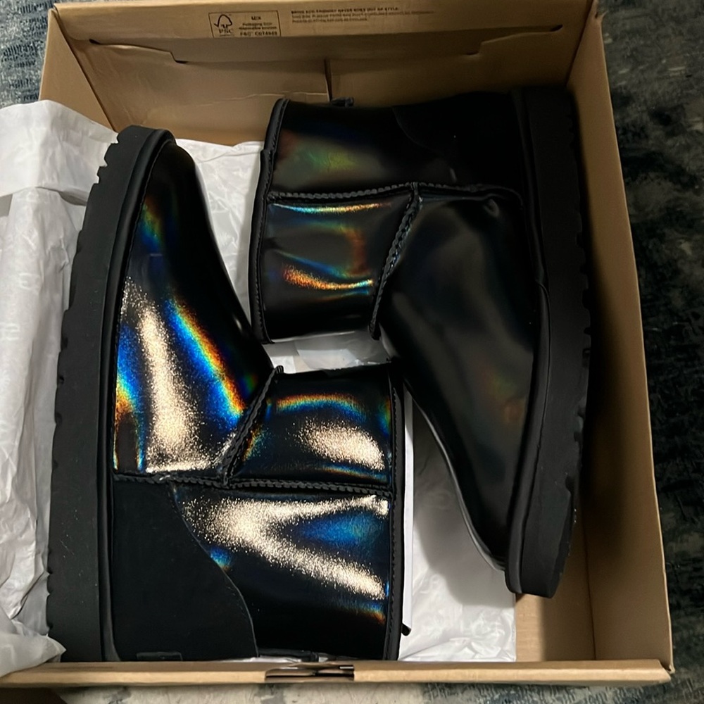 Ugg iridescent black boots classic mini. NWOT